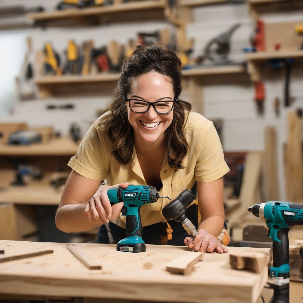 Woman Using Power Drill on Woodworking Project