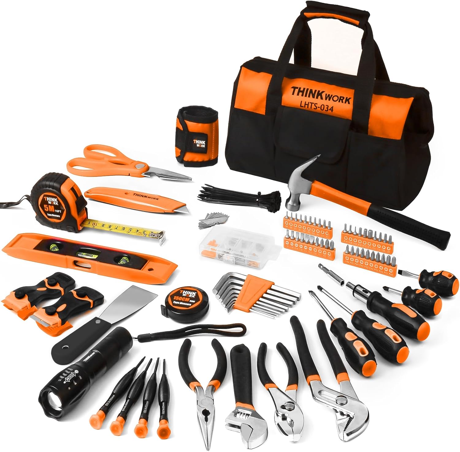 THINKWORK Tool Set - 207 Piece Portable Home Repairing Tool Kit, General Household Hand Tool Set with 13\'\' Wide Mouth Open Storage Tool Bag, Perfect for DIY, Home Maintenance, Handyman - Gift for Men