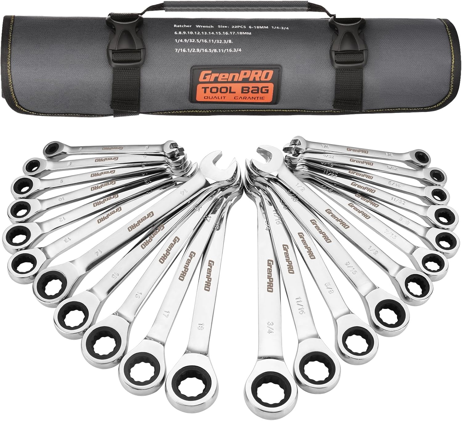 Ratcheting Wrench Set, Combination Wrench Set, 22-Piece SAE & Metric and Standard, 72Th Long Open End, 1/4